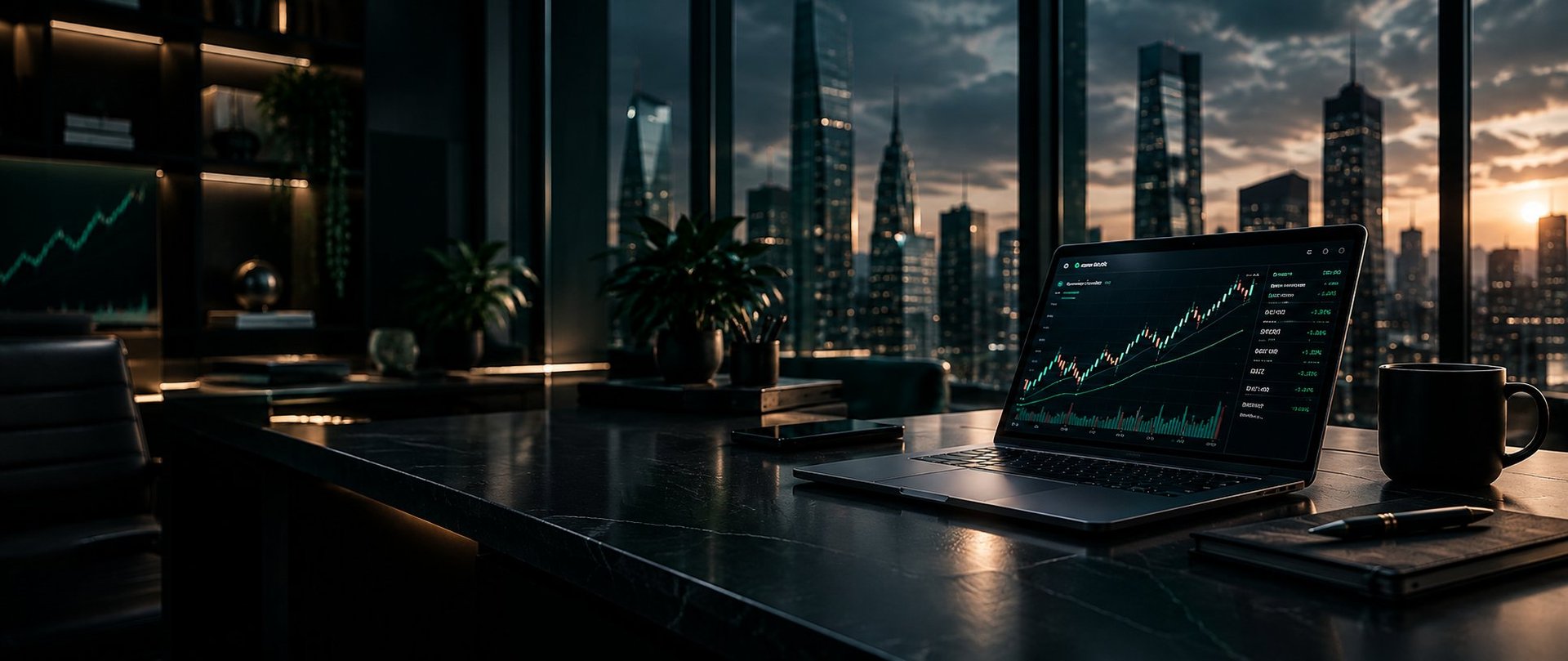 Modern office desk with laptop showing financial charts overlooking a city skyline at sunset with illuminated skyscrapers